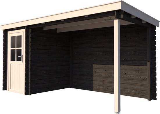 BlokhuttenOutlet.nl Blokhut met overkapping lessenaar dak 150 x 200 + 300cm in black wash met white wash