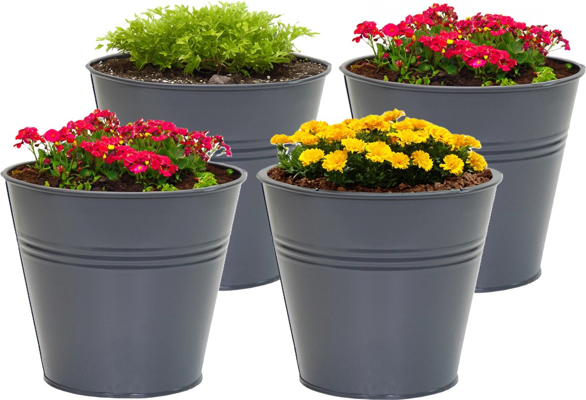 Goedkoopste Mega Collections plantenpot/bloempot Bob - 4x - zink - antraciet - D13 X H12 cm
