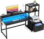 Computer Bureau met Lade en Printer Plank Omkeerbaar 175 cm Home Office Bureau met LED Lichten Monitor Stand en Haken - Zwart