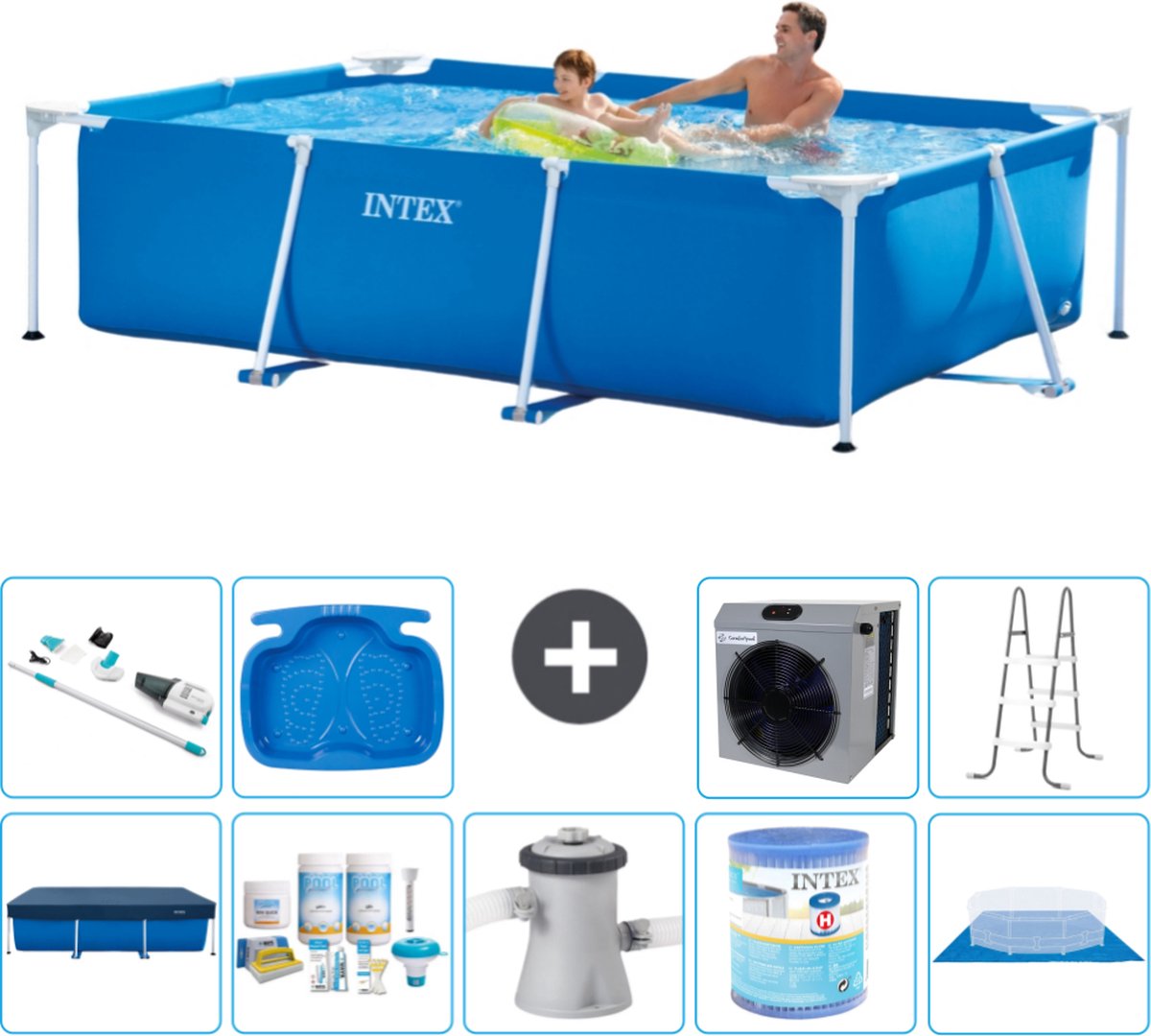 Intex Frame Pool Intex Rechthoekig Frame Zwembad 260 x 160 x 65 cm Blauw Inclusief Afdekzeil Onderhoudspakket Zwembadfilterpomp Filter Grondzeil Stofzuiger Ladder Voetenbad Warmtepomp