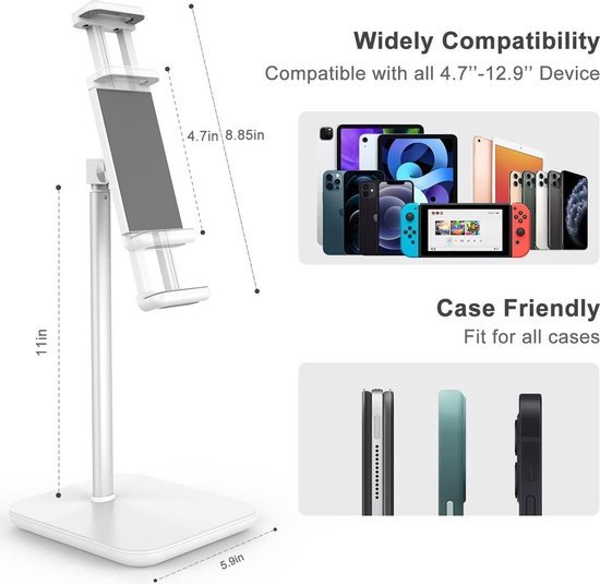 Wit tabletstandaard met afmetingen. Toont de compatibiliteit met telefoons en tabletten, en verschillende hoezen.
