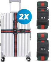 Sangle de valise avec serrure à combinaison et étiquette de valise - 2 pièces - Ajustable - Sangle de bagage - 200 centimètres - Sécurité Extra - Voyages - Vert/Rouge