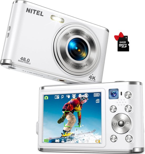 Nitel Digitale Camera 4K Full HD - Fototoestel - Fotocamera - Compact Camera - Vlog Camera - Voor Kinderen - Inclusief 64GB - Wit