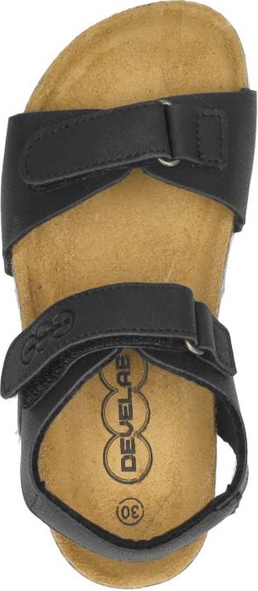 Zwarte Develab sandalen met klittenbandsluiting en kurken voetbed.