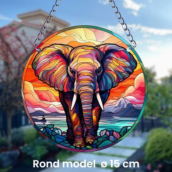 Allernieuwste.nl® Raamhanger Raamdecoratie Olifant - Kleurige Zonnevanger Rond Acryl met Ketting - Dieren - Suncatcher Rond model 15 cm %%