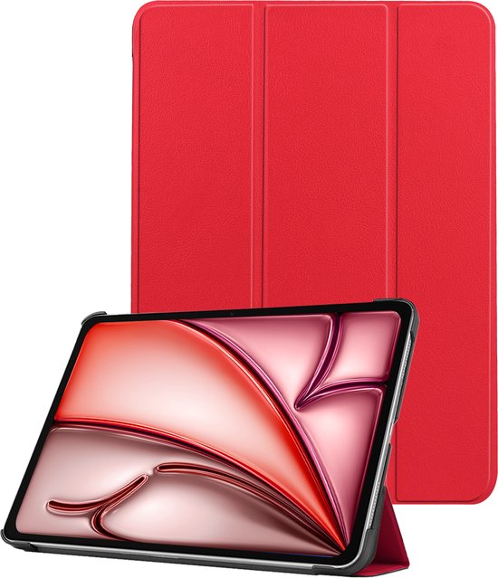 Housse de tablette rouge en position de pliage triple, avec tablette insérée.