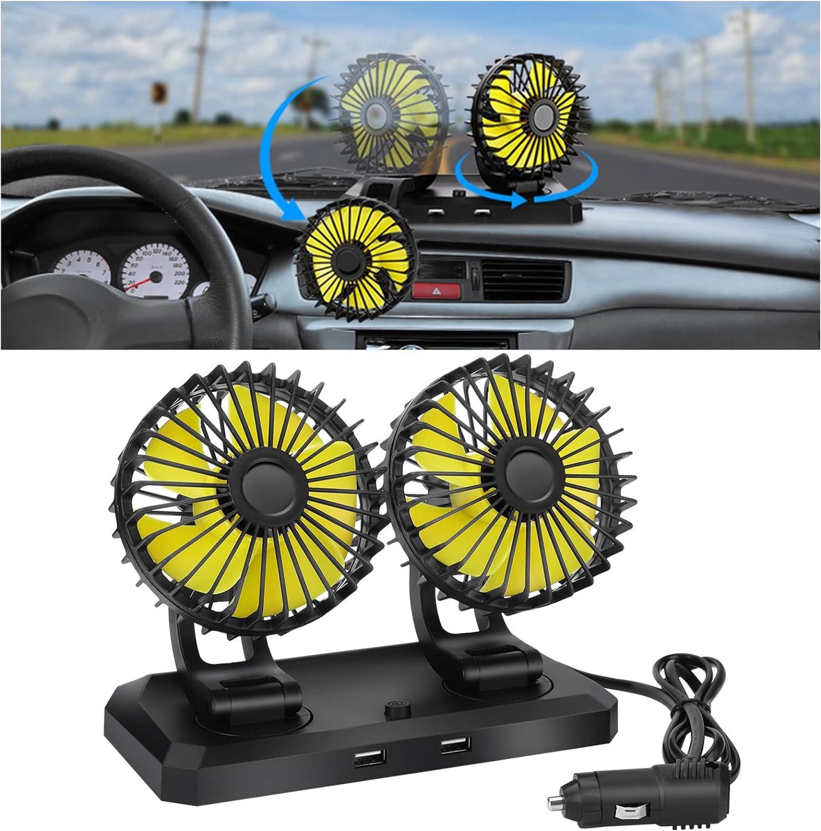 Autoventilator 12 V dubbele kop voertuigventilator met 2 snelheden 360 graden draaibaar autokoelventilator voor SUV RV boot - Inclusief populaire zoekwoorden: ventilator, voertuig