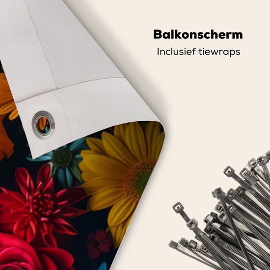 Close-up van balkonbeveiliging met bloemenprint, inclusief metalen ringen en tie-wraps.