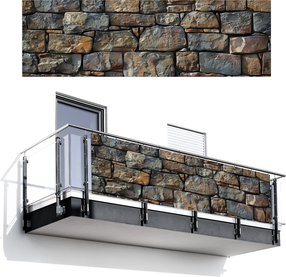 Balkonscherm 300x90 cm - Balkonposter Stenen - Steenoptiek - Grijs - Bruin - Balkon scherm decoratie - Balkonschermen - Balkondoek zonnescherm