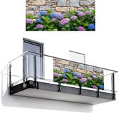 Balkonscherm 200x90 cm - Balkonposter Hortensia - Bloemen - Bladeren - Stenen - Balkon scherm decoratie - Balkonschermen - Balkondoek zonnescherm