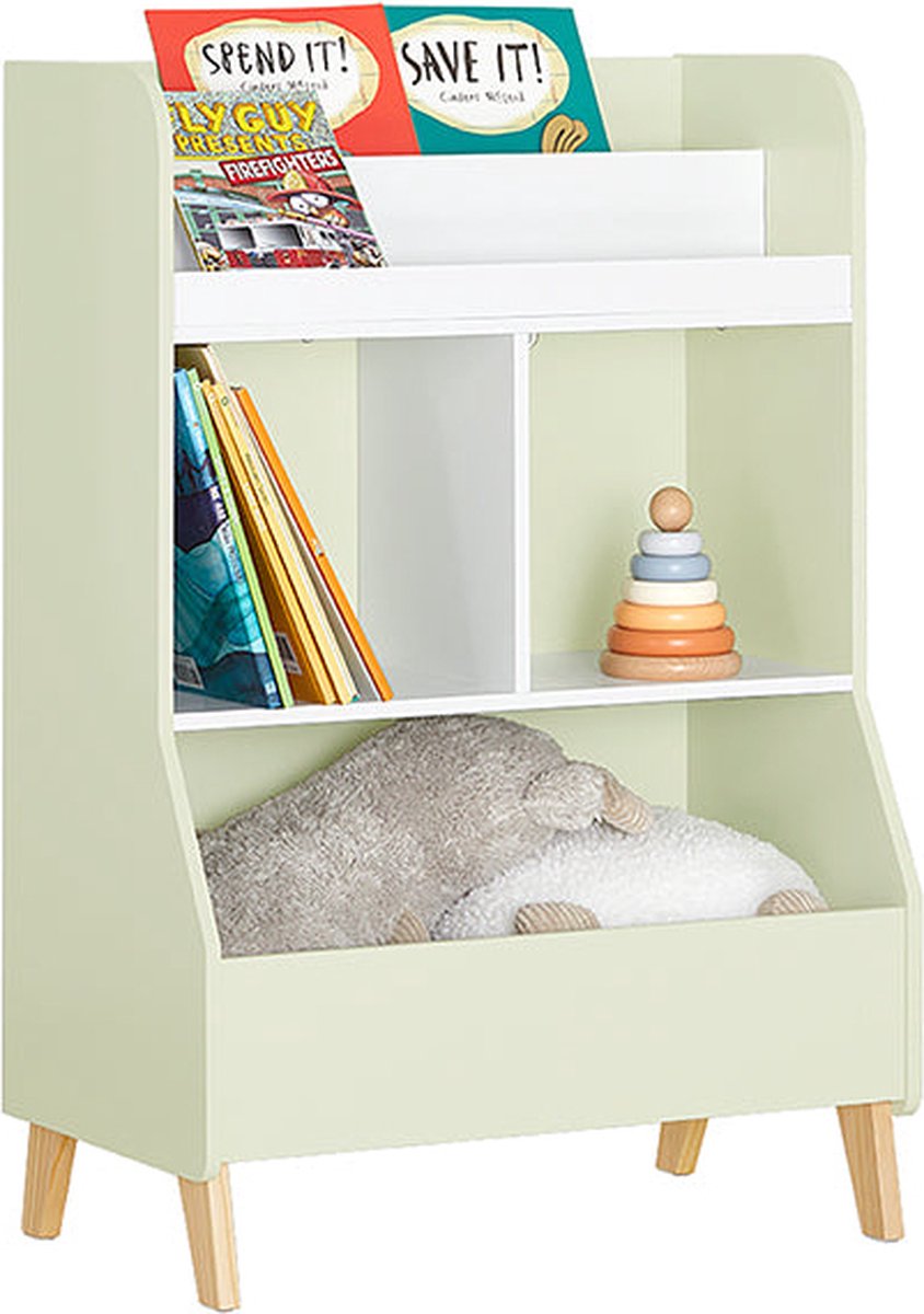 Kinderboekenplank - Speelgoedopbergrek - Kinderorganizer - Constructie van MDF en grenen - Veiligheidsanti-tip ontwerp - Eenvoudige montage - 60 cm x 89 cm x 36 cm