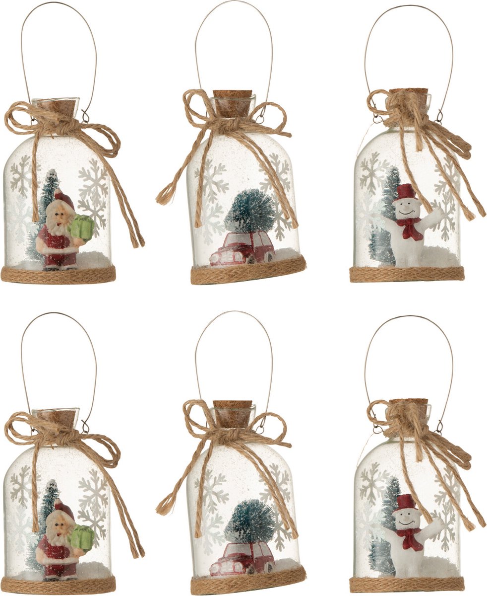 Transparante glazen kersthanger met kerstfiguur in doos van 6 stuks.