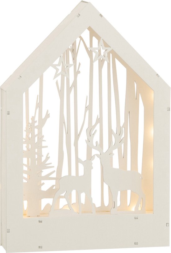 J-Line decoratie Winter Herten + Bomen - hout - wit - LED lichtjes