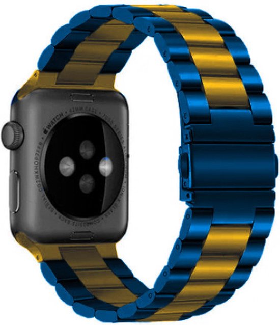 Een Apple Watch met een blauw en goudkleurig metalen bandje, van de achterkant.