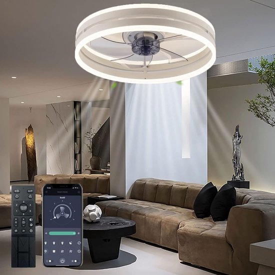 Plafonnier LED de Luxe avec ventilateur - Set de 2 - Plafonnière - Ø 40 cm - Intensité variable - Minuterie - 6 Modus - Salon - Chambre - Incl. Télécommande et application - Zwart