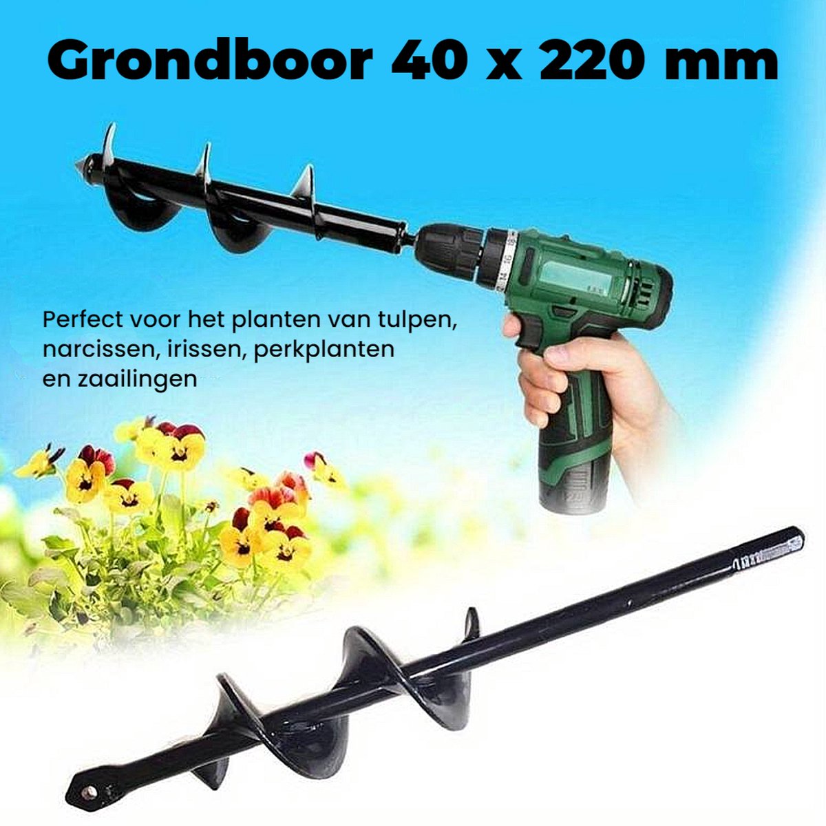 Allernieuwste.nl® Grondboor voor Boormachine Staal ø 40 mm x 22 cm Bollenboor Bollenpoter Grond Boor Slangenboor - Staal 40 x 220 mm %%