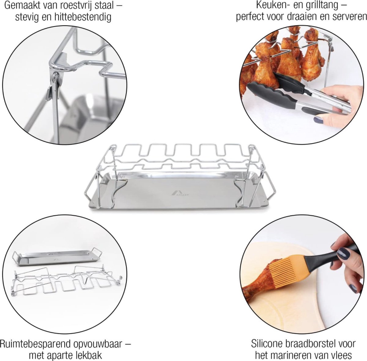 Support à Poulet AMAZY - Rôtissoire En Inox - Avec Bac à Jus Et Récipient à Épices - Pour Four, Grill Ou Barbecue