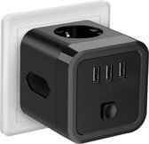 4-voudige Stekkerdoos zonder Kabel - 7-in-1 Meervoudig Stopcontact Kubus met Schakelaar en USB (5V/3,4A) - Zwart