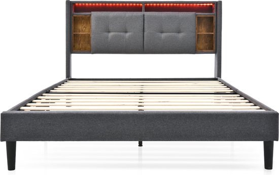 Merax Tweepersoonsbed met LED Verlichting en Opbergruimte in het Hoofdbord - 160 x 200 Kingsize Bed voor 2 Personen - Grijs