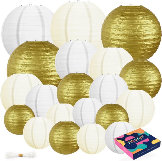 Fissaly 20 Stuks Lampionnen Set Versiering Goud, Beige & Wit – Feest Decoratie – Bruiloft, Trouwen & Verjaardag - Papier