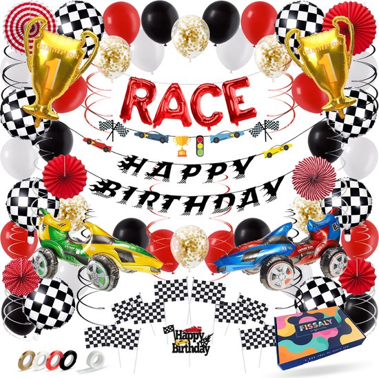 Fissaly 81 Stuks Race Formule 1 Feest Versiering – Kinderfeestje Decoratie – Grand Prix & Racewagen - Themafeest Verjaardag - Feestje