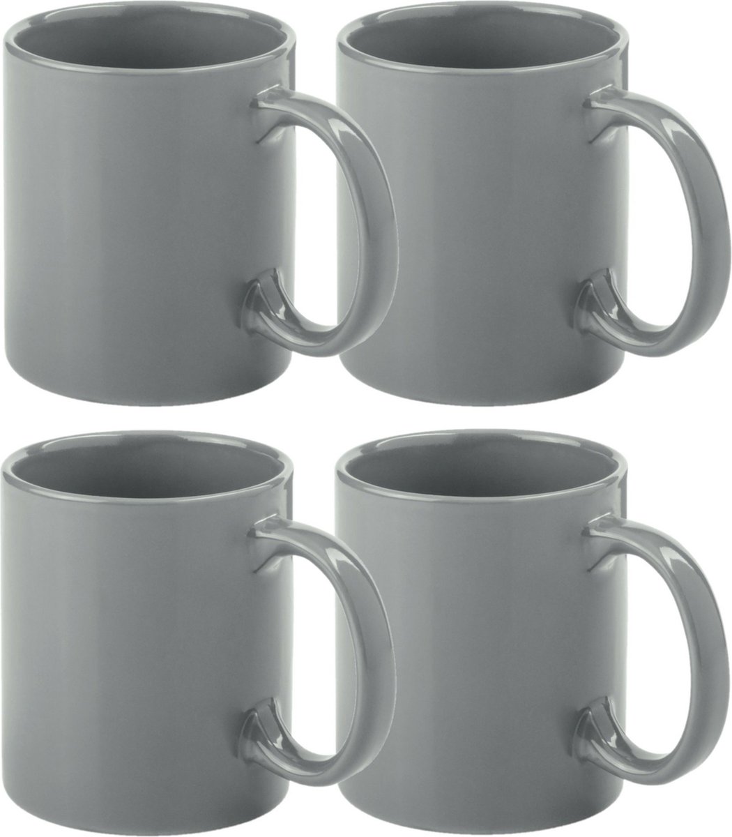 Bellatio Design Koffie mokken/bekers - 4x - keramiek - glans - met oor - grijs - 370 ml