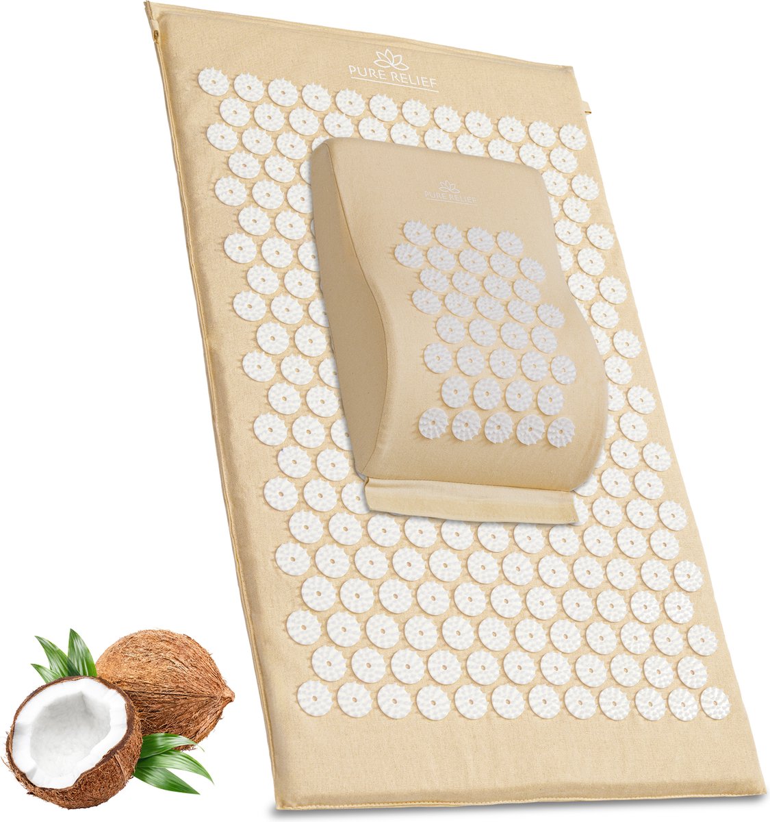 Goedkoopste PureRelief Acupressuur Spijkermat – Inclusief Hoofdkussen & Draagtas - 7500 Drukpunten voor Ontspanning & Pijnverlichting - Eco-Friendly & Duurzaam - Beige