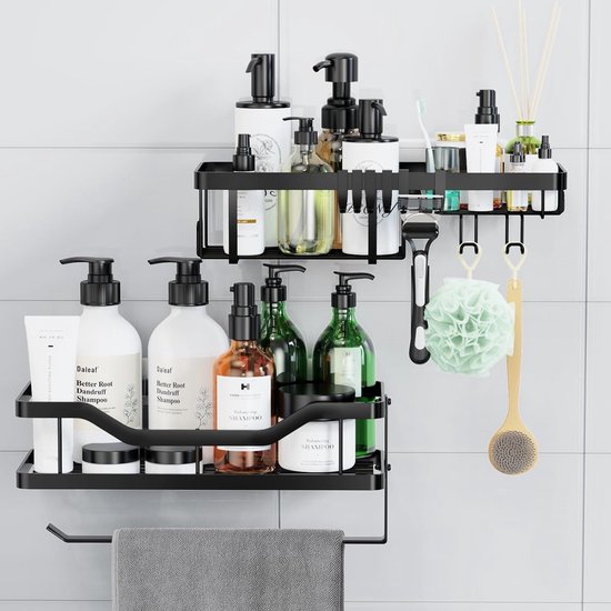 Étagère De Douche Sans Perçage - 2 Poteaux, Support 16.5 Kg, Acier Carbone Noir, Rangement Salle De Bain Ou Cuisine