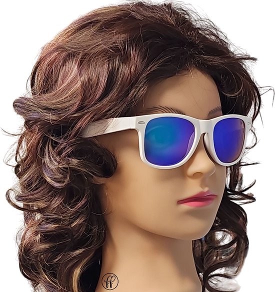 Fako Sunglasses® - Heren Zonnebril - Dames Zonnebril - Classic - UV400 - Wit Frame - Blauw/Paars Spiegel van Fako Sunglasses® — afbeelding 4