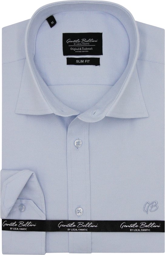 Lichtblauw slim fit overhemd van Gentile Bellini, logo op de borst, 'SLIM FIT' label.