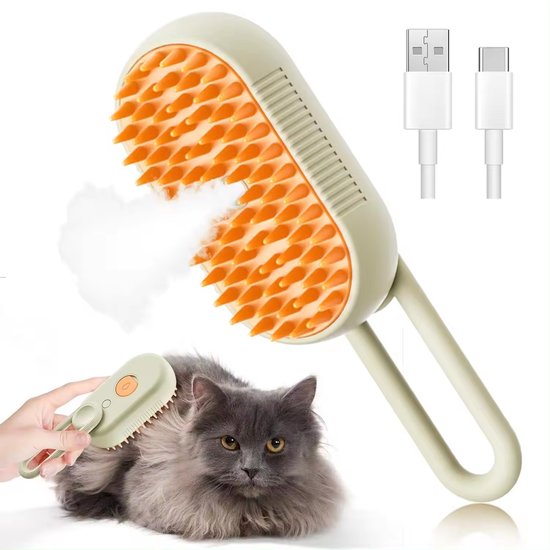 Foto: Handheld haarstomer voor katten honden zachte massage borstel met stoom functie kattenborstel kattenkam hondenborstel hondenkam haarverwijderaar huisdier kortharig langharig klittenkam kaki 