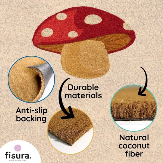 Vormige entreemat. Originele kokos deurmat met anti-slip PVC rug. Afmetingen: 70 x 40 cm. (Champignon, rood)