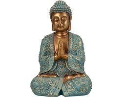 Boeddha beeld Shaman - binnen/buiten - kunststeen - goud/jade - 28 x 41 cm