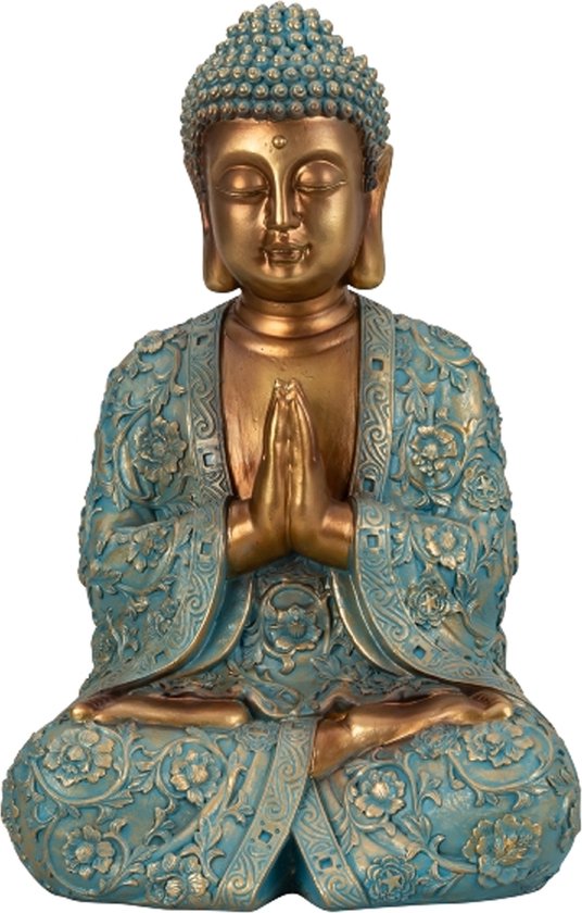 Statue Bouddha Shaman - intérieur/extérieur - pierre artificielle - or/jade - 28 x 41 cm