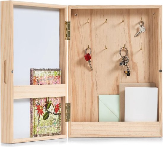Sleutel-/memobox met whiteboard houten sleutelkast - wit - 42 x 30 x 8 cm
