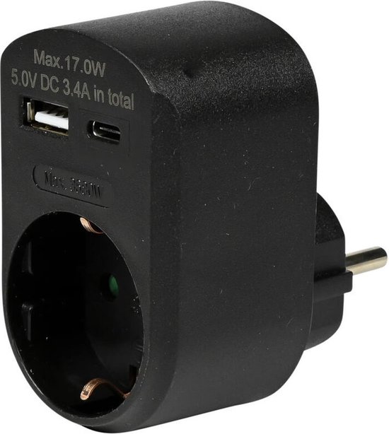 Snel Opladend USB / C Stopcontact - Zwart, 16 Ampère, Glazen Schuko