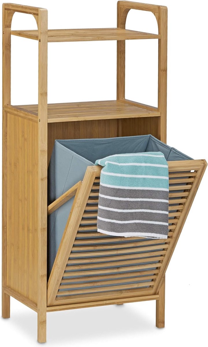 Goedkoopste Badkamerrek met wasmand van bamboe - HBD 95 x 40 x 30 cm - 2 planken - badkameraccessoires - natuurlijk - opbergrek - compact