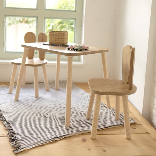 Houten kindertafel en stoelen met konijnenoren op een gestreepte deken bij een raam.