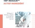 Moleculaire structuur, tekst 'TRP-REGULIN ACTIEF INGREDIËNT', kalmeert, versterkt en herstelt huid.