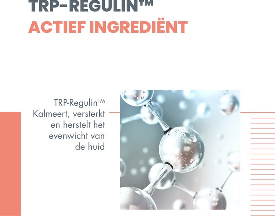 Moleculaire structuur, tekst 'TRP-REGULIN ACTIEF INGREDIËNT', kalmeert, versterkt en herstelt huid.