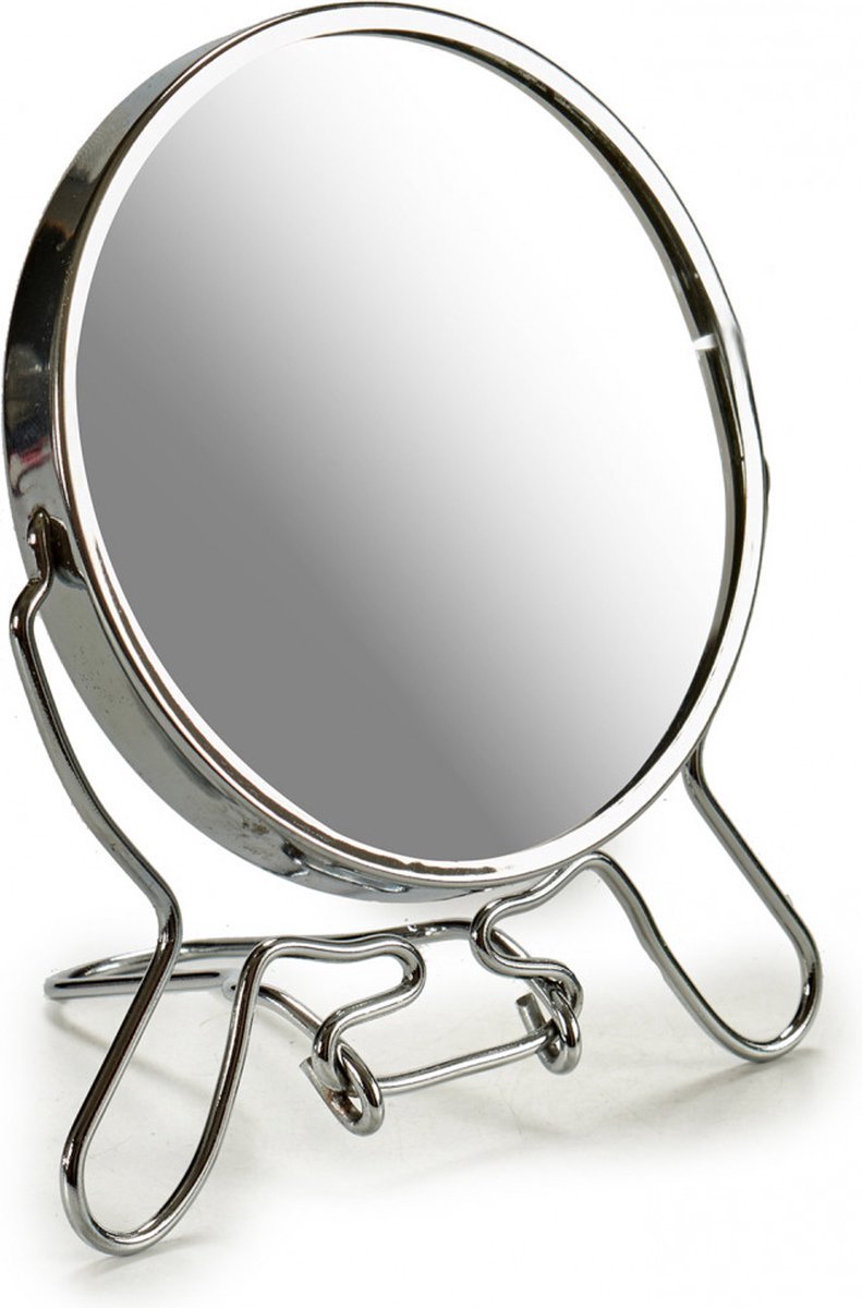 BigBuy Beauty Berlio Spiegel rond Ø 9 cm- Spiegels Make-up Spiegel Reisspiegel Inklapbaar Spiegel staand 2x vergrotend Spiegel vergrotend Zilver Aluminium