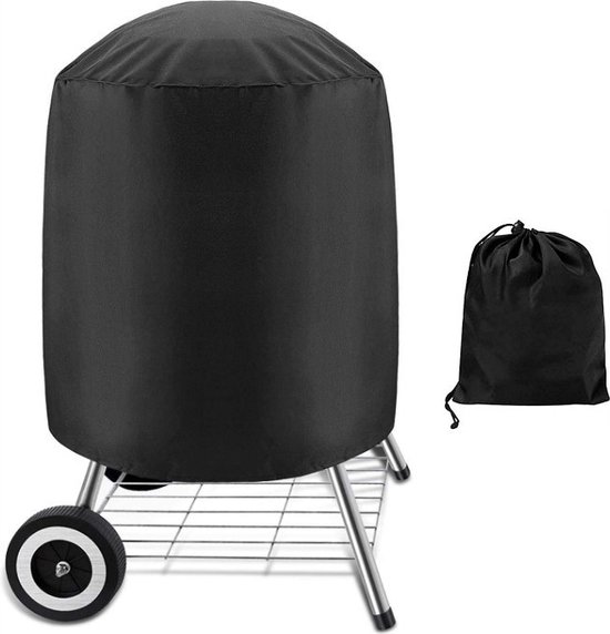 Zwarte ronde barbecuehoes op wieltjes, met opbergzakje. Afmetingen 71x73 cm.