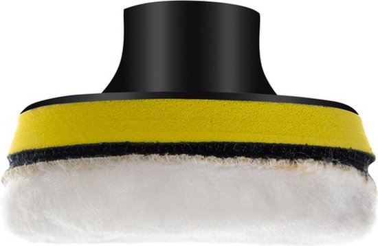 Polijstschijf met zwarte schacht, gele sponslaag, zwarte tussenlaag en witte schapenvacht.