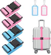 4 stuks premium bagageriem, kofferband, verstelbare antislip bagageband, lange kofferbanden, bagageriem + 2 stuks kofferlabels, veilig reizen voor koffer, roze + blauw