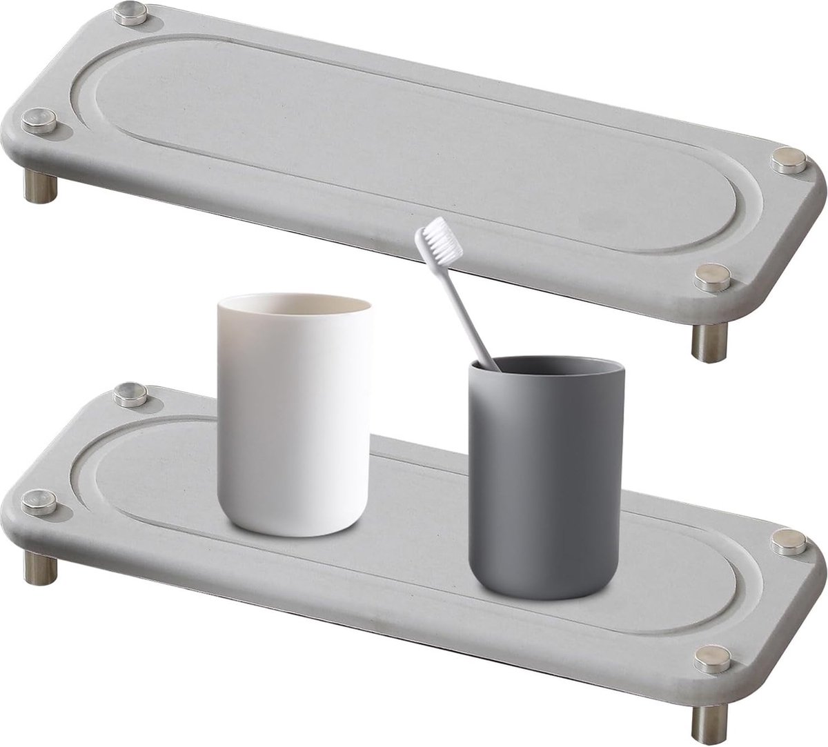 Goedkoopste Aanwasbak-organizer, sneldrogend, afdruipmat, 2 stuks, badkamerdienblad, diatomeeënmodder, spoelbak-organizer, sneldrogend, opbergbak, dienblad voor keuken, badkamer (A-lichtgrijs