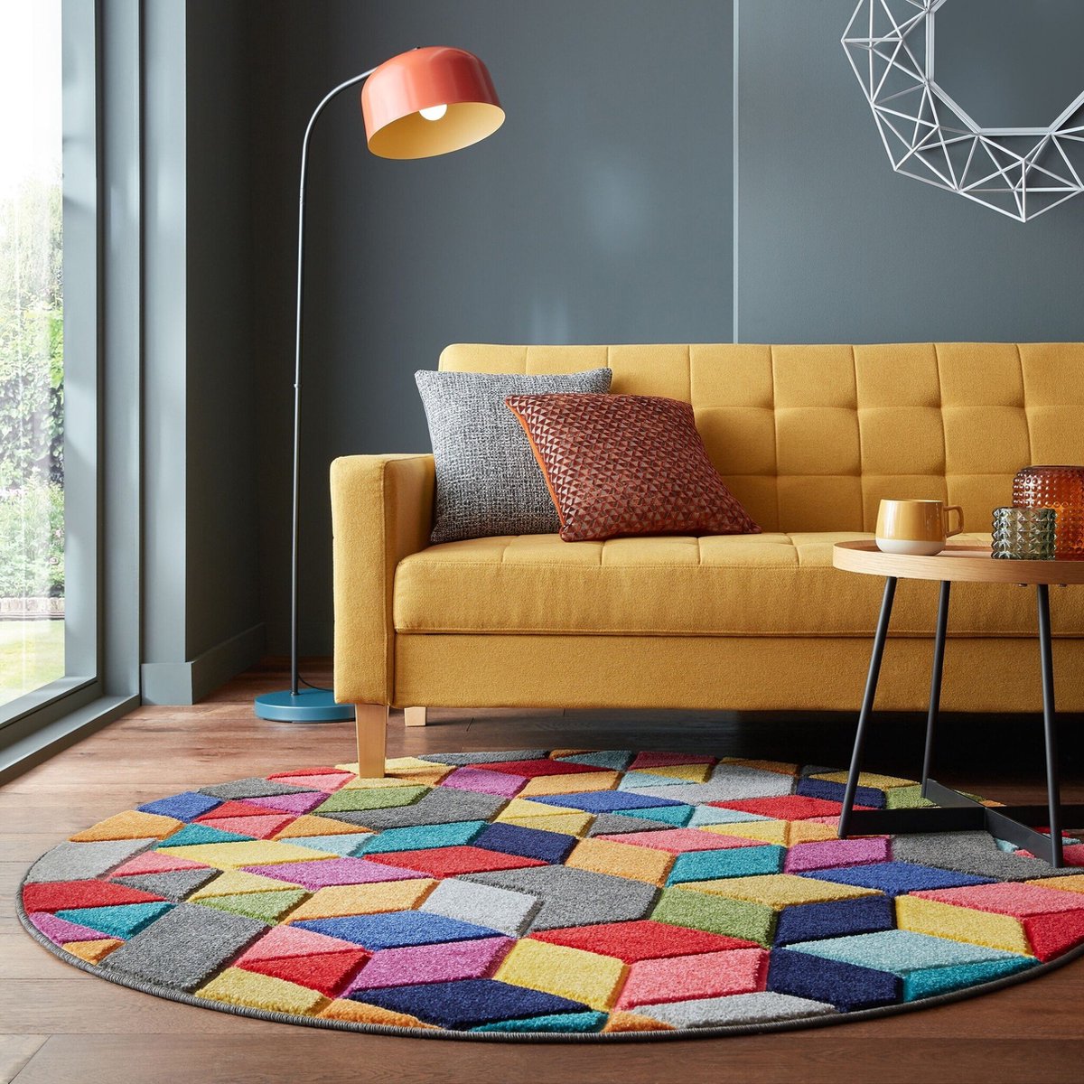 flycarpets Rond Kleurrijk Vloerkleed - Dynamic - Laagpolig - Geometrisch - Multi - 160x160 cm