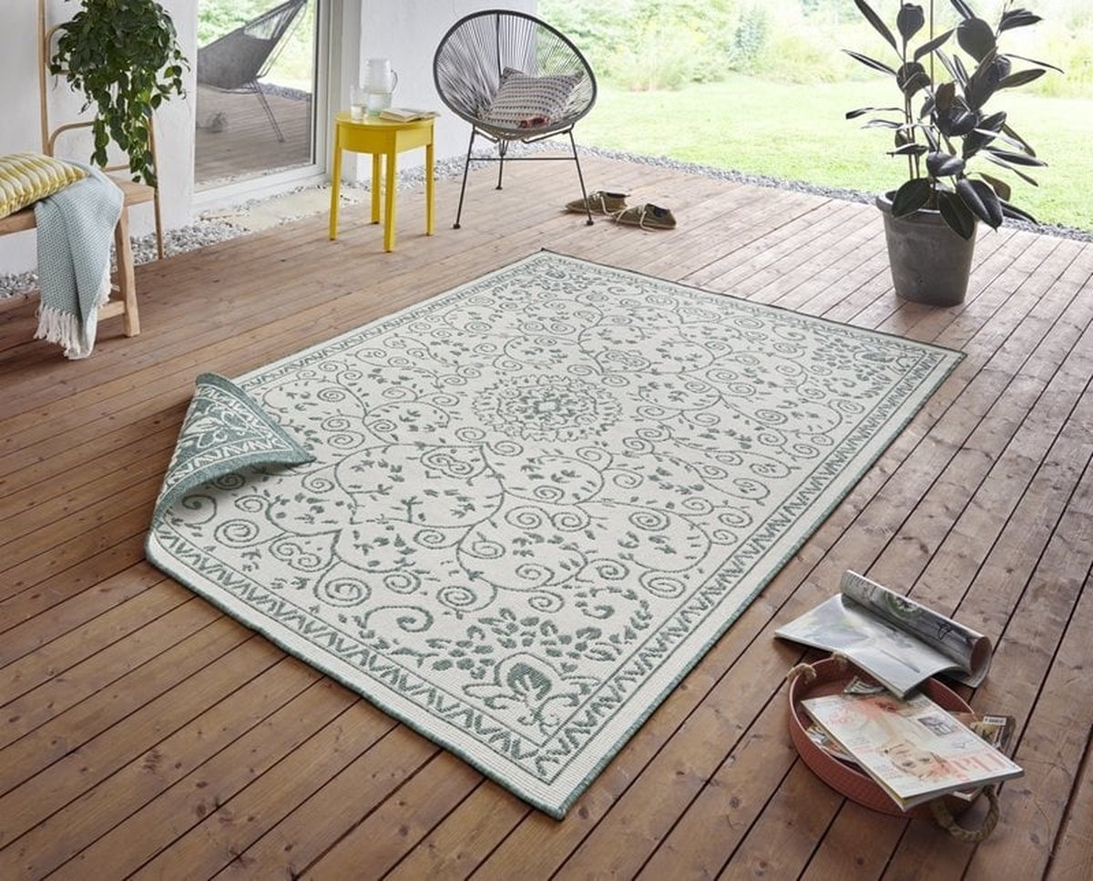 flycarpets Omkeerbaar Buitenkleed / Vloerkleed - Leyte - Groen / Creme - 200x290 cm - Laagpolig Tuintapijt / Buitentapijt / Tuinkleed