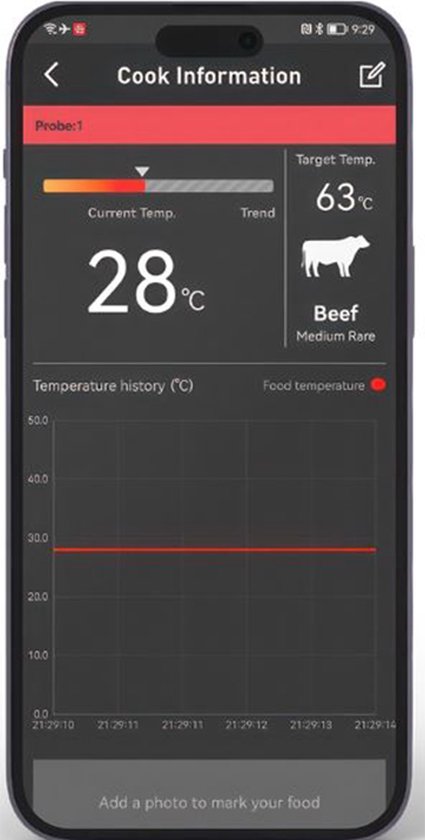 Smartphone scherm toont 'Cook Information' met temperatuurgeschiedenis en doeltemperatuur voor rundvlees.