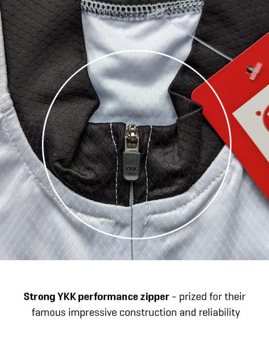 Fermeture avec fermeture éclair YKK en haut d'un maillot de cyclisme blanc avec col noir.