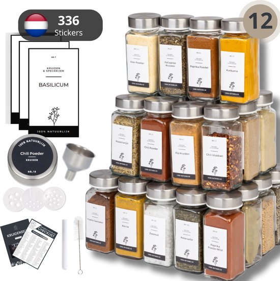 Organess 12 Kruidenpotjes - RVS – 3 Soorten Strooideksels – Kruidenstrooier – Compleet Pakket incl Kruidenpotjes Stickers, Krijtstift en Accessoires – 120ml